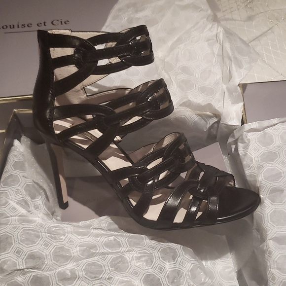 Louise et Cie New KATY Heel Sandals Leather Strappy Stilettos Back Zip BLACK NIB - Picture 2 of 16